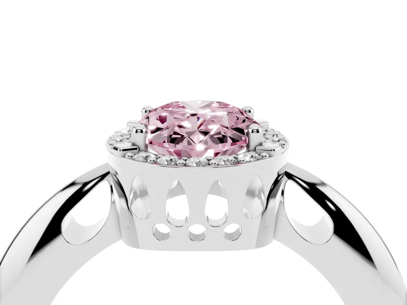 Fancy Pink Oval Cut Diamond Halo Engagement Ring Set in White gold with Plain Split Shank and Prong Setting