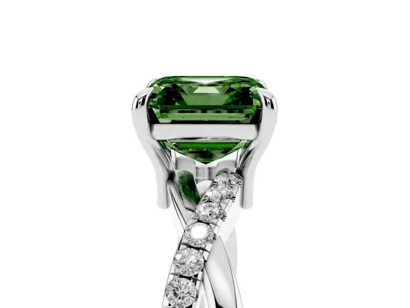 Fancy Green Asscher Cut Diamond Twist Band Solitaire Set in White gold with Pavé Accents and Prong Setting