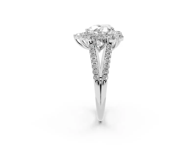 Heart Cut Diamond Halo Split Shank Engagement Ring Set in Platinum with Prong-Held Center Stone