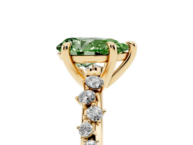 Fancy Green Pear Cut Diamond Solitaire Vine Band Ring Set in Yellow gold with Round Accents and Prong Setting