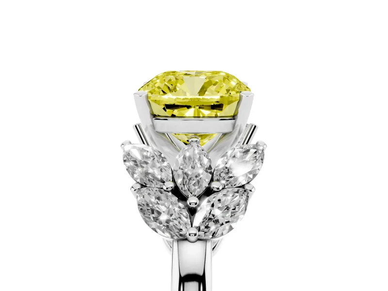 Fancy Yellow Cushion Cut Diamond Cluster Leaf Design Ring Set in Silver with Prong Setting