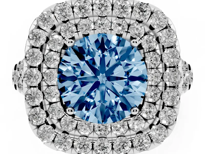 Round Halo Split Shank Engagement Ring Setting for a Fancy Blue Lab-Grown Diamond | Pavé Strands | White Gold