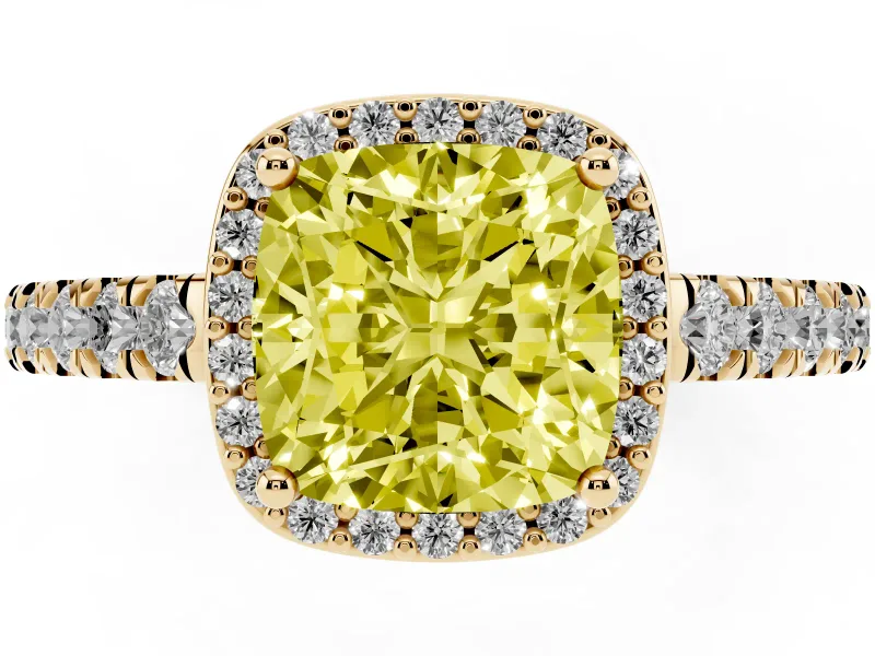 Fancy Yellow Cushion Cut Diamond Halo Engagement Ring Set in Yellow gold with Pavé Band and Prong Setting