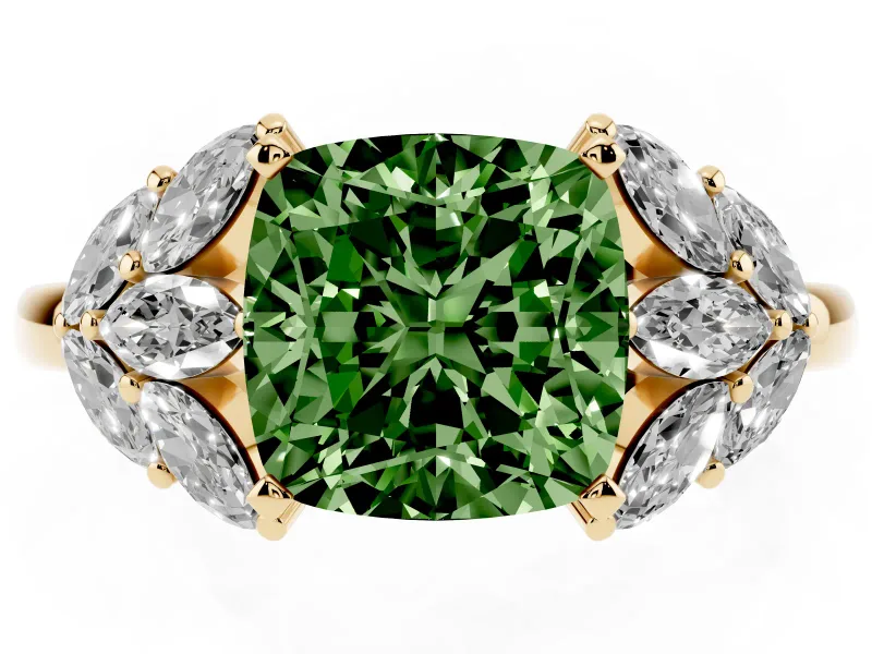 Fancy Green Cushion Cut Diamond Cluster Leaf Design Ring Set in Yellow gold with Prong Setting