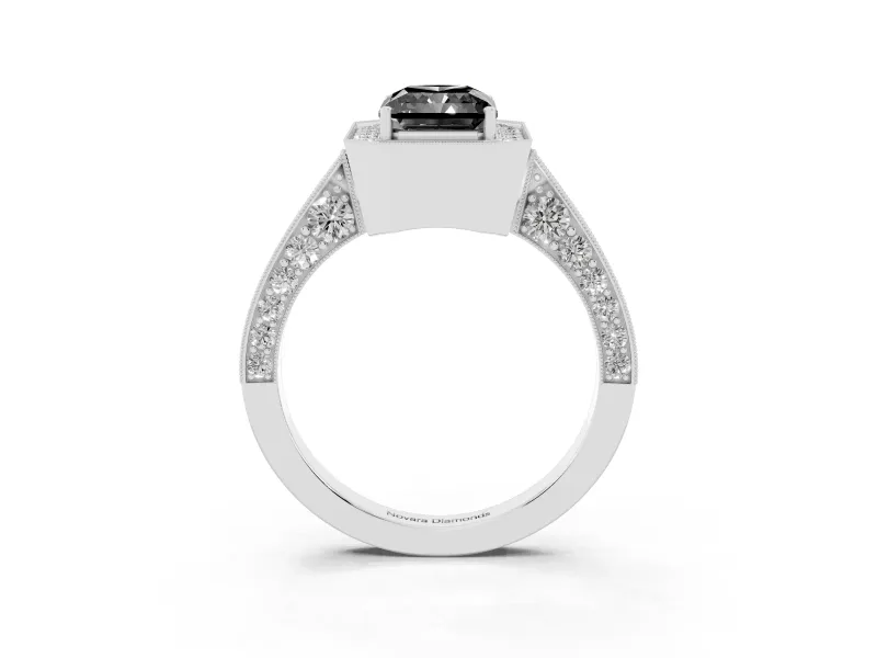 Radiant Cut Milgrain Halo Engagement Ring Setting for a Black Center | Side Stones | White Gold