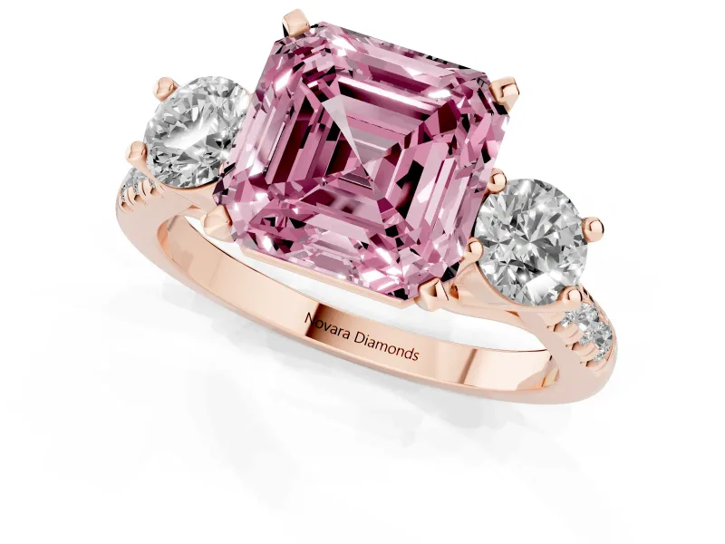 Asscher Cut Three-Stone Engagement Ring Setting for a Fancy Pink Lab-Grown Diamond | Rose Gold