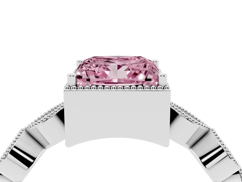 Fancy Pink Princess Cut Diamond Vintage-Inspired Milgrain Ring Set in White gold with Marquise Stations of Round Accents