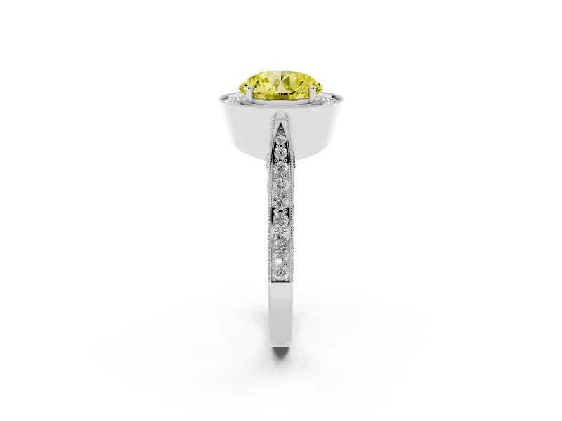 Round Milgrain Halo Engagement Ring Setting for a Fancy Yellow Lab-Grown Diamond | Side Stones | Platinum