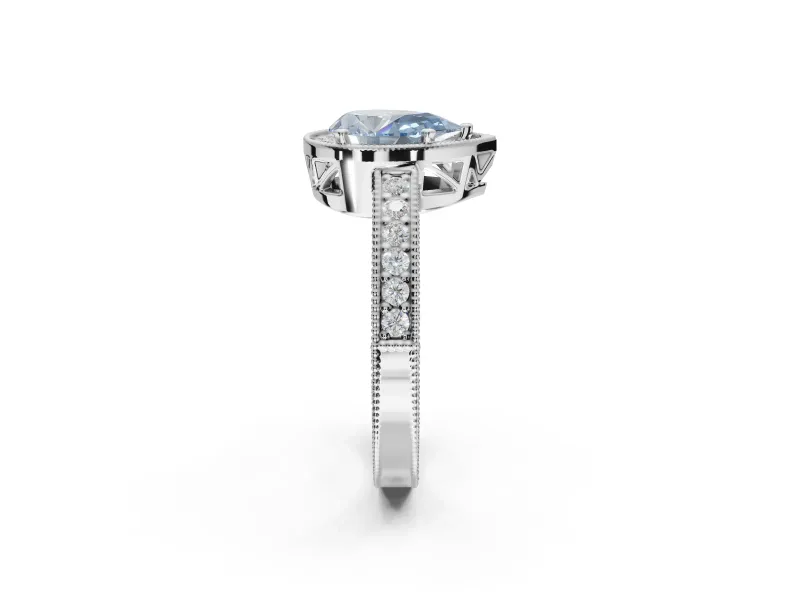 Pear-Shaped Milgrain Halo Engagement Ring Setting for a Fancy Blue Lab-Grown Diamond | Wide Pavé Band | White Gold