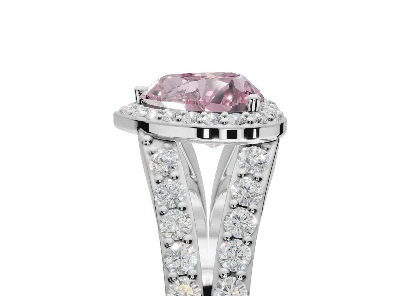 Heart-Shaped Halo Pavé Engagement Ring Setting for a Fancy Pink Lab-Grown Diamond | Narrow Split Shank | Platinum