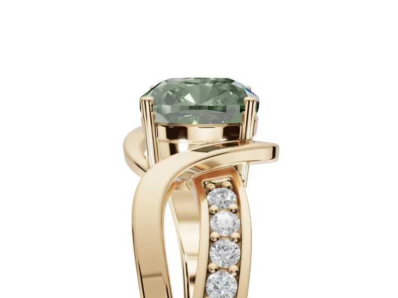 Cushion Cut Bypass Solitaire Engagement Ring Setting for a Fancy Green Lab-Grown Diamond | Pavé Strands | Yellow Gold