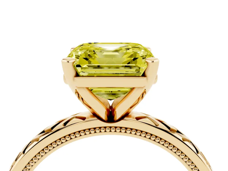 Fancy Yellow Asscher Cut Diamond Solitaire Ring Set in Yellow gold with Milgrain and Black Enamel X Pattern Band