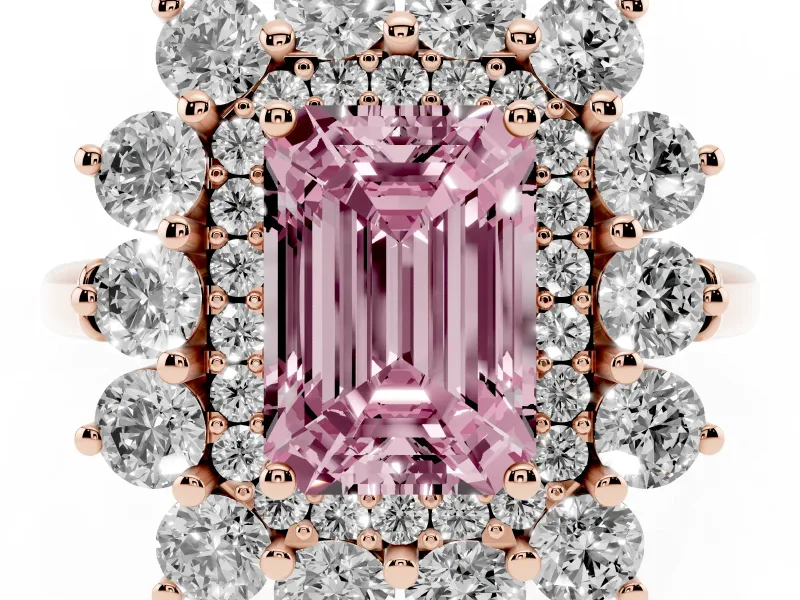 Emerald Cut Floral Double Halo Engagement Ring Setting for a Fancy Pink Lab-Grown Diamond | Plain Band | Rose Gold