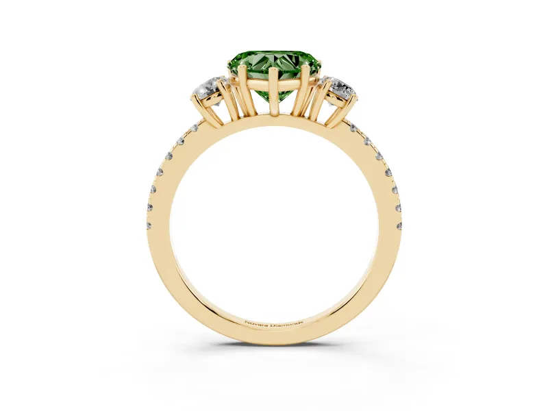 Fancy Green Heart Cut Diamond Three-Stone Ring Set in Yellow gold with Pavé Band and Graduated Sides