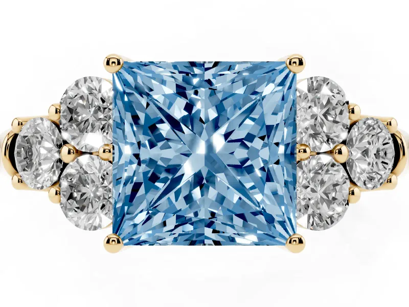 Princess Cut Side Stone Engagement Ring Setting for a Fancy Blue Lab-Grown Diamond | Yellow Gold