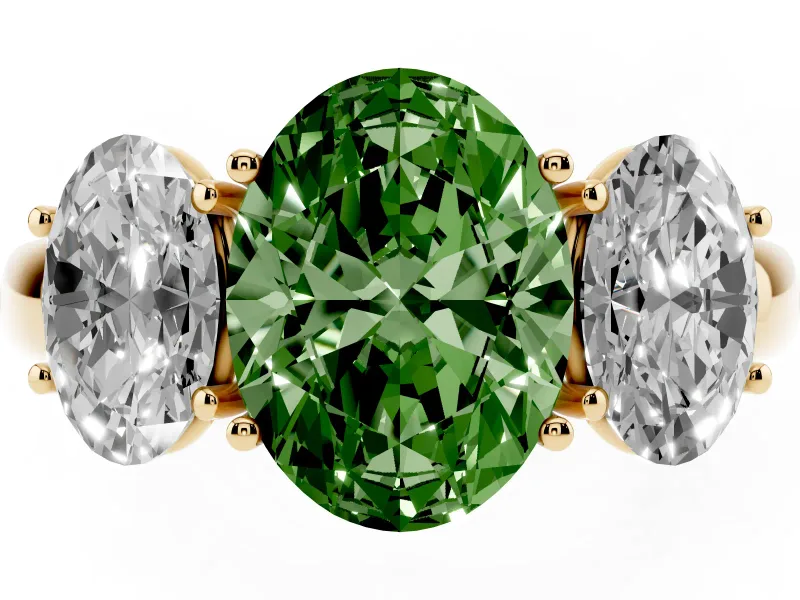Oval Three Stone Engagement Ring Setting for a Fancy Green Lab-Grown Diamond | Matching Side Stones | Yellow Gold