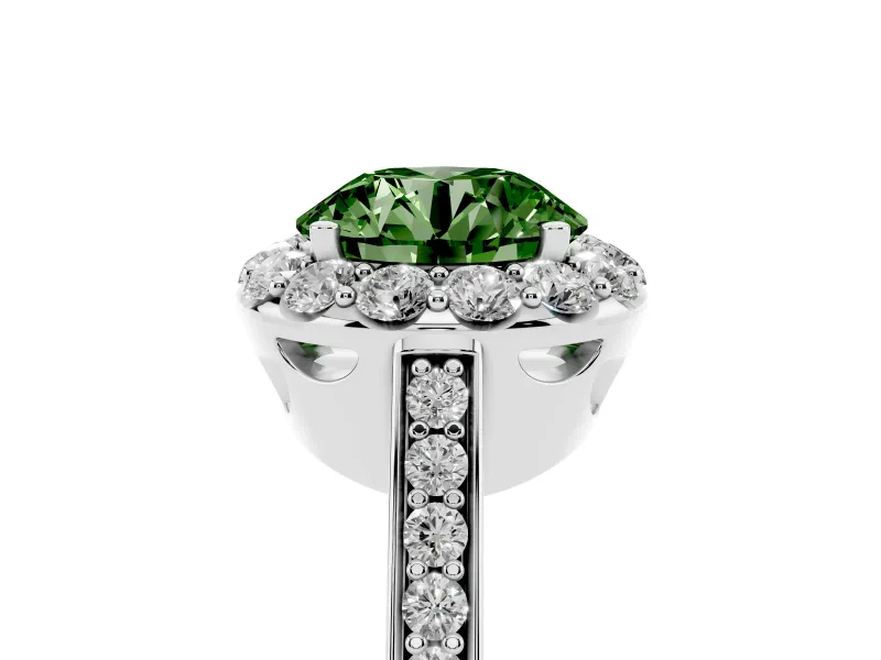 Fancy Green Round Cut Diamond Floral Halo Ring Set in Platinum with Pavé Band and Prong Setting