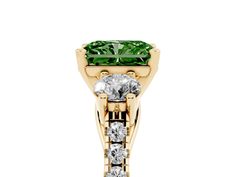 Radiant Cut Three-Stone Engagement Ring Setting for a Fancy Green Lab-Grown Diamond | Yellow Gold
