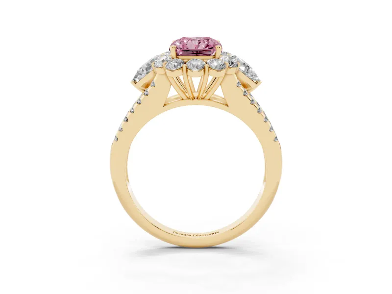 Fancy Pink Radiant Cut Diamond Halo Split Shank Engagement Ring Set in Yellow gold with Prong-Held Center Stone