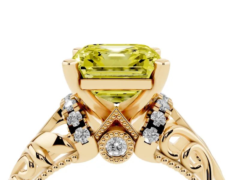 Fancy Yellow Asscher Cut Diamond Filigree Halo Engagement Ring Set in Yellow gold with Prong Setting