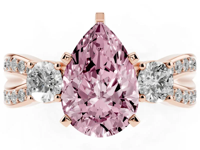 Fancy Pink Three-Stone Pear Cut Diamond Twist Band Ring Set in Rose gold with Pavé Accents and Prong Setting