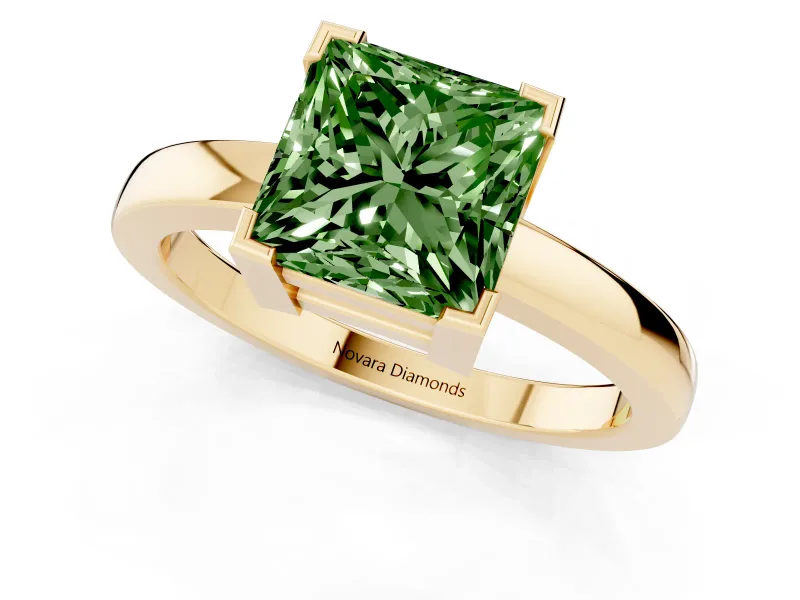 Fancy Green Princess Cut Diamond Solitaire Ring Set in Yellow gold with Prong Head and Smooth Polished Band