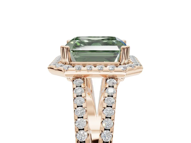 Asscher Cut Halo Split Shank Engagement Ring Setting for a Fancy Green Lab-Grown Diamond | Pavé Shoulders | Rose Gold
