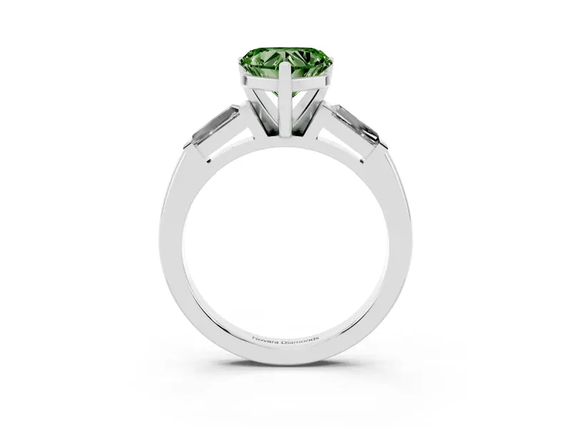 Fancy Green Heart Cut Diamond Solitaire Ring Set in White gold with Tapered Baguette Side Stones and Prong Setting