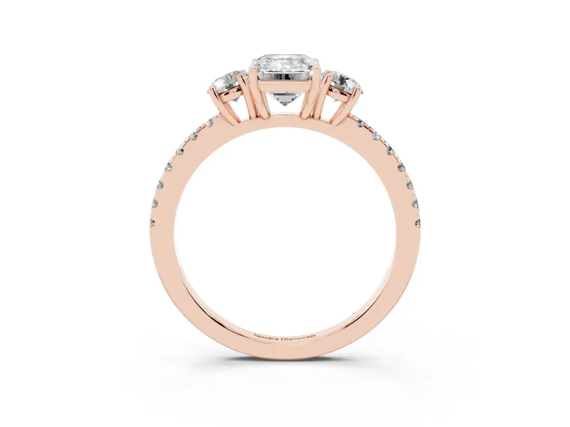 Emerald Cut Three Stone Engagement Ring Setting | Pave Shoulders | Rose Gold