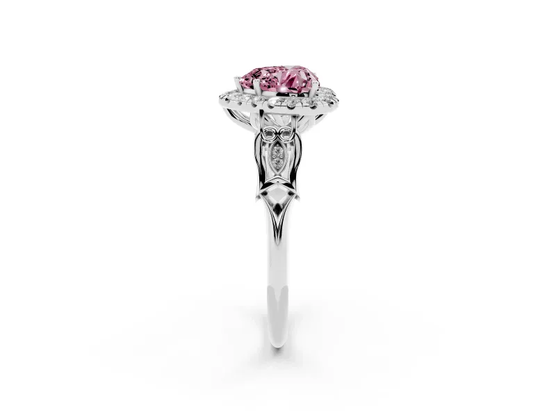 Fancy Pink Heart Cut Diamond Halo Engagement Ring Set in White gold with Filigree Band and Prong-Set Center