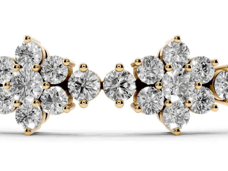 Round Lab-Grown Diamond Floral Cluster Tennis Bracelet | Flower Motif Links | Yellow Gold
