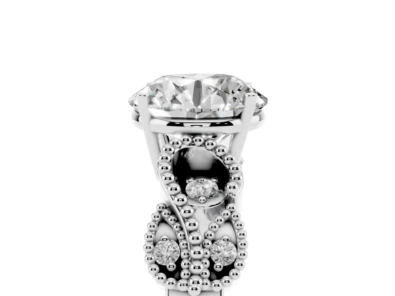 Round Cut Diamond Milgrain Leaf Band Solitaire Ring Set in White gold with Accent Stones and Prong Setting