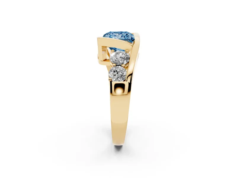 Fancy Blue Princess Cut Diamond Bezel Bypass Ring Set in Yellow gold with Round Accents