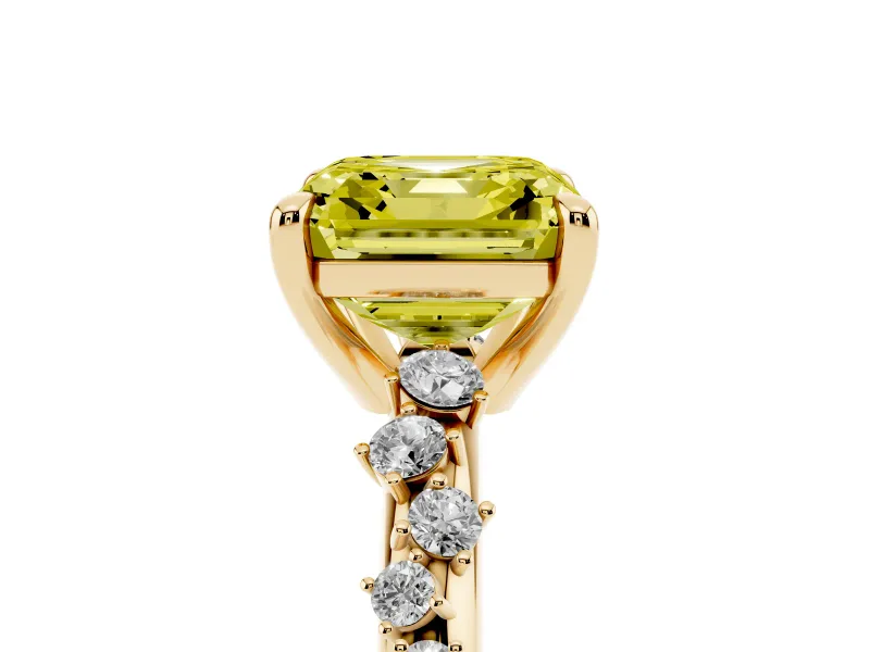 Fancy Yellow Asscher Cut Diamond Solitaire Vine Band Ring Set in Yellow gold with Round Accents and Prong Setting
