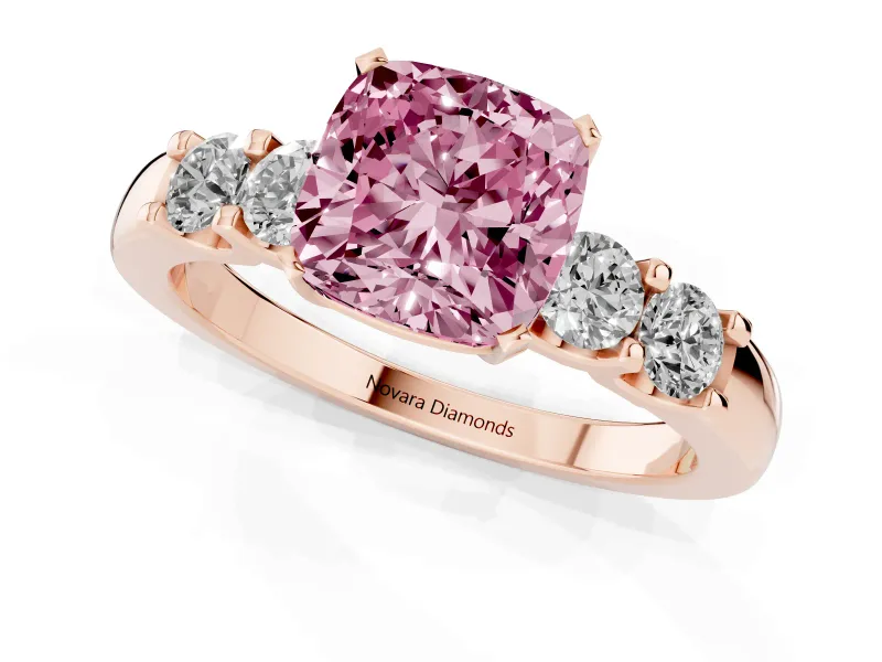 Fancy Pink Cushion Cut Diamond Five-Stone Prong Set Engagement Ring Set in Rose gold with Channel Band