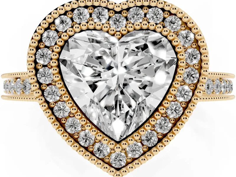 Heart Cut Diamond Halo Ring Set in Yellow gold with Pavé Band and Milgrain-Edged Prongs