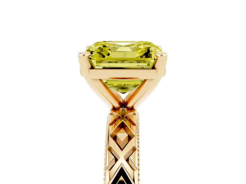 Fancy Yellow Asscher Cut Diamond Solitaire Ring Set in Yellow gold with Milgrain and Black Enamel X Pattern Band