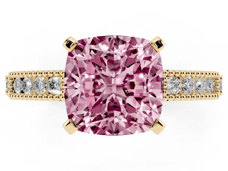 Fancy Pink Cushion Cut Diamond Solitaire Ring Set in Yellow gold with Slim Pavé Band and Prong Setting