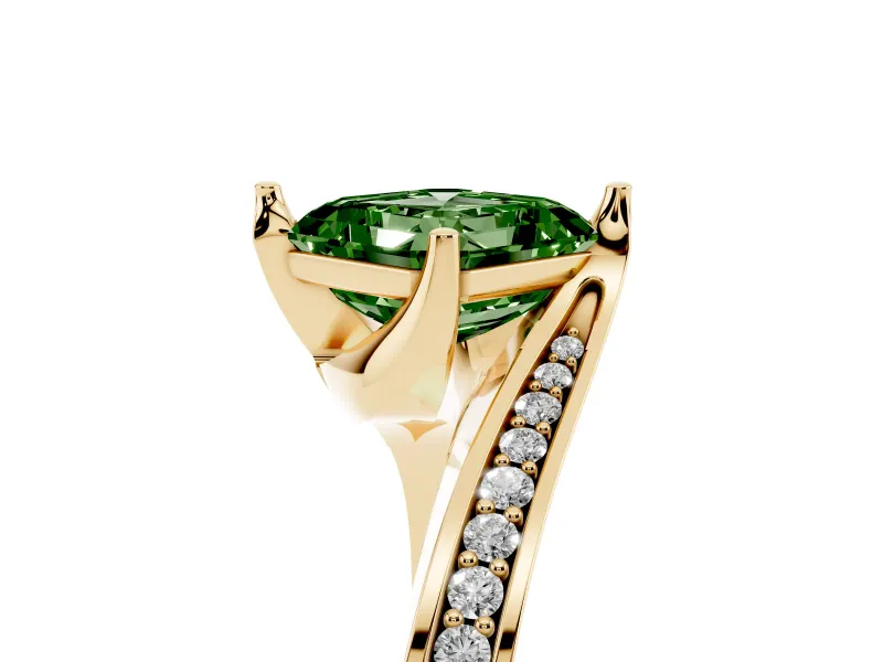 Fancy Green Asscher Cut Diamond Solitaire Ring Set in Yellow gold with Intertwined Pavé Twist Band