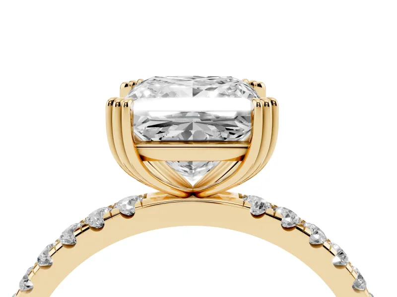 Princess Cut Diamond Brilliant Solitaire Set in Yellow gold with Pavé Band and Claw Prong Setting