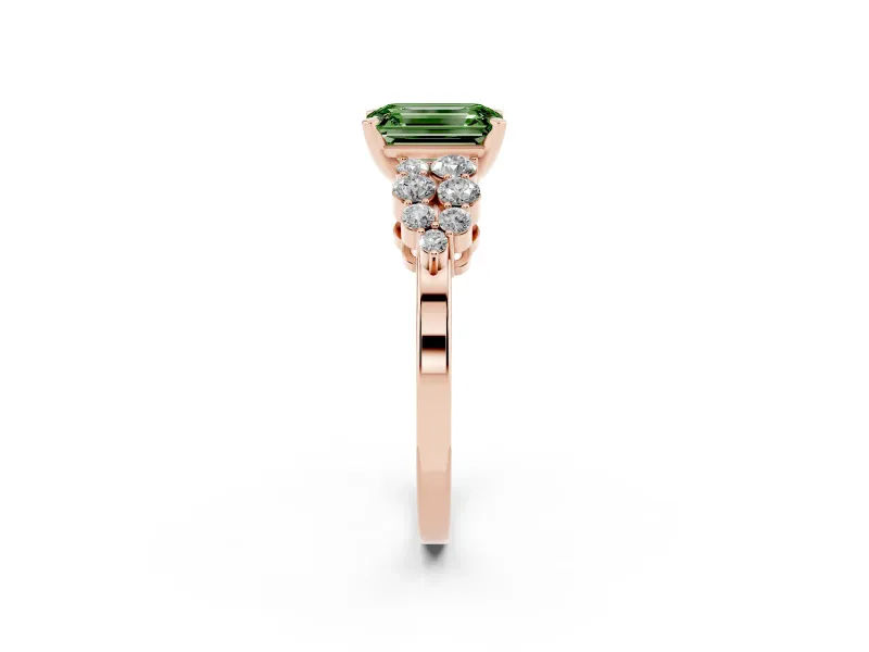 Fancy Green Emerald Cut Diamond Cluster Engagement Ring Set in Rose gold with Pavé Band and Prong Setting