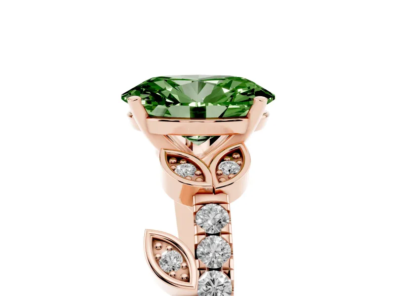 Fancy Green Oval Cut Diamond Solitaire Leaf-Inspired Ring Set in Rose gold with Pavé Band and Prong Setting