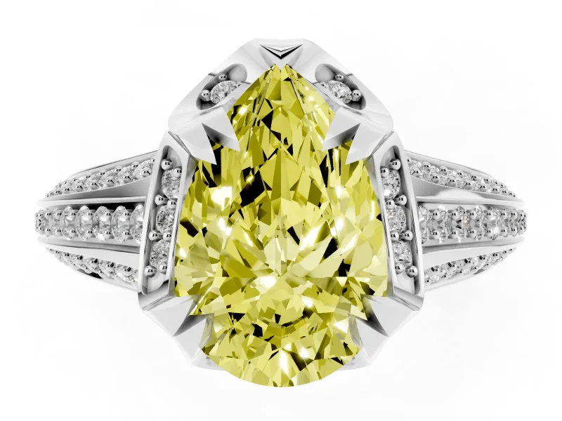 Fancy Yellow Pear Cut Diamond Pavé Split Shank Solitaire Ring Set in White gold with Prong Setting