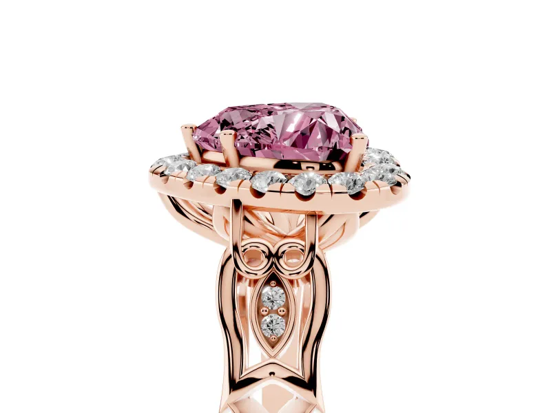 Fancy Pink Heart Cut Diamond Halo Engagement Ring Set in Rose gold with Filigree Band and Prong-Set Center