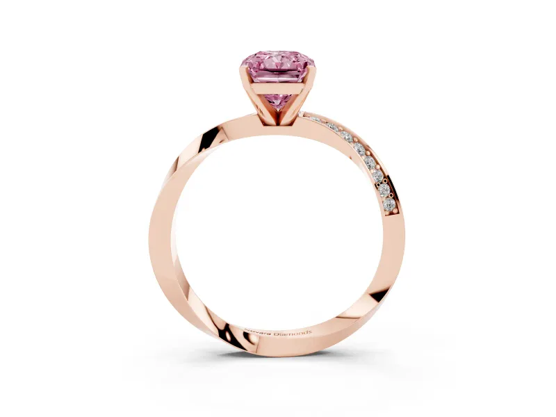Fancy Pink Radiant Cut Diamond Engagement Ring Set in Rose gold with Side Stone Accents and Prong Setting