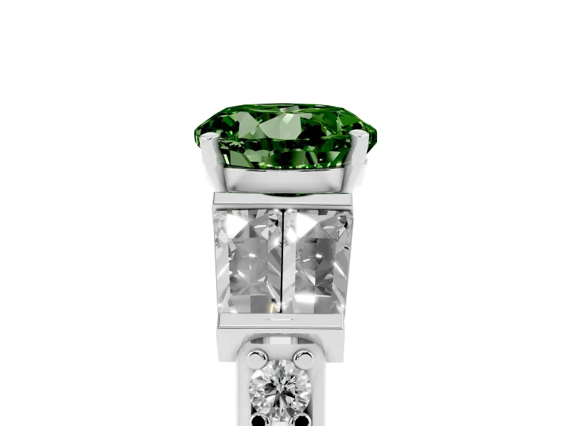 Fancy Green Round Cut Diamond Engagement Ring Set in Platinum with Baguette Side Stones and Channel Set Band