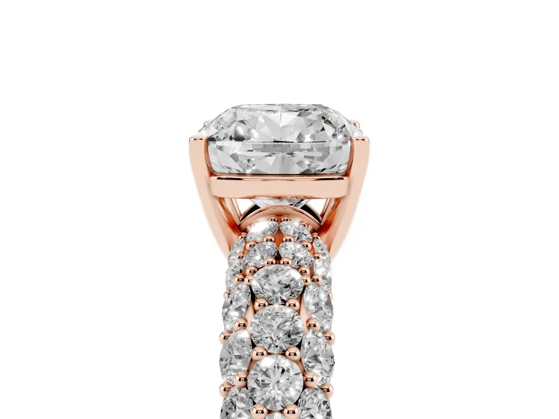 Cushion Cut Multi Row Pave Solitaire Engagement Ring Setting | Domed Shoulders | Rose Gold