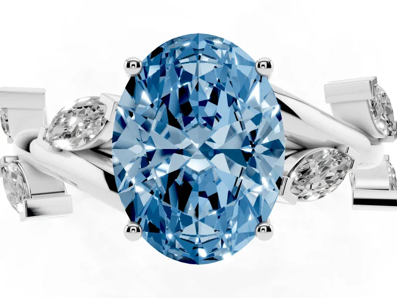 Fancy Blue Oval Cut Diamond Solitaire Ring Set in Platinum with Twisted Marquise Accent Band