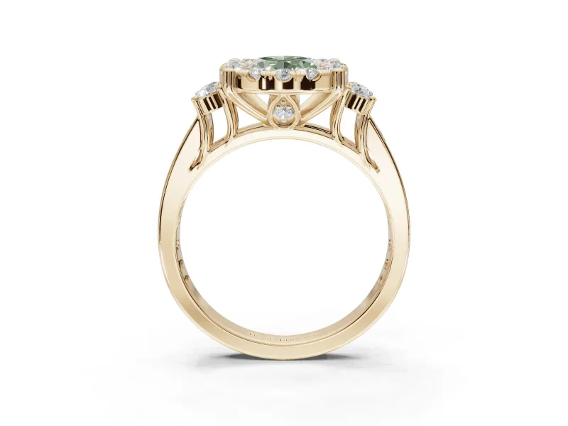 Oval Halo Engagement Ring Setting for a Fancy Green Lab-Grown Diamond | Side Clusters | Yellow Gold