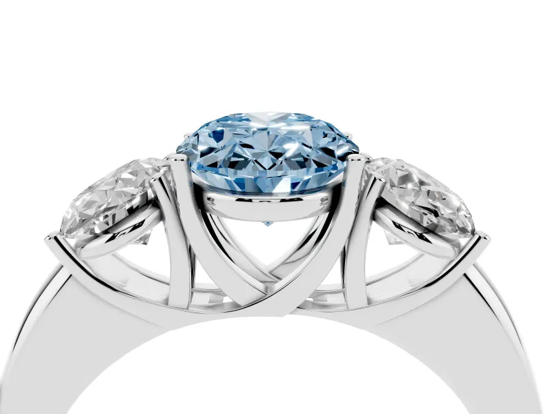 Fancy Blue Oval Cut Diamond Three-Stone Ring Set in White gold with Bold Center and Classic Band